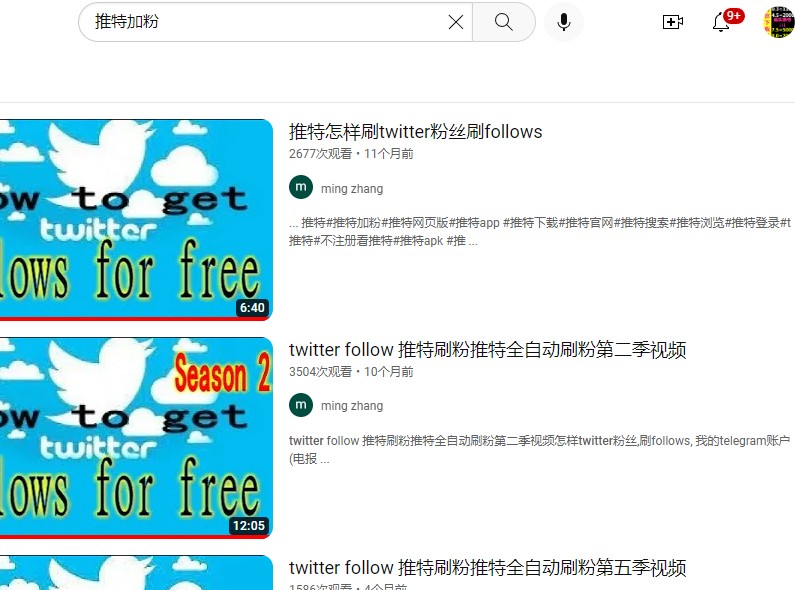 twitter 加粉 关键词 的 YouTube 搜索排名截图